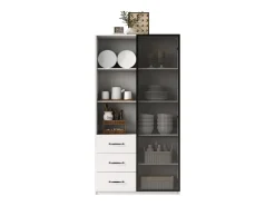 Vitrina 80×40×160 cm - con 1 puerta de vidrio templado y 3 cajones - con iluminación LED - 3 estantes abiertos - blanco