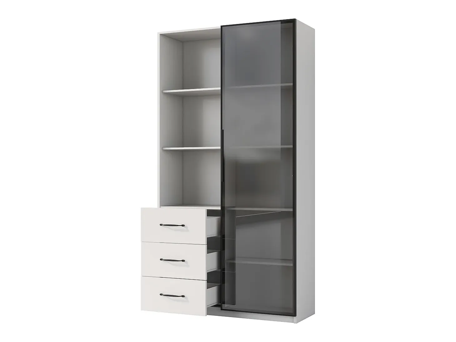 Vitrina 80×40×160 cm - con 1 puerta de vidrio templado y 3 cajones - con iluminación LED - 3 estantes abiertos - blanco
