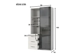 Vitrina 80×40×160 cm - con 1 puerta de vidrio templado y 3 cajones - con iluminación LED - 3 estantes abiertos - blanco