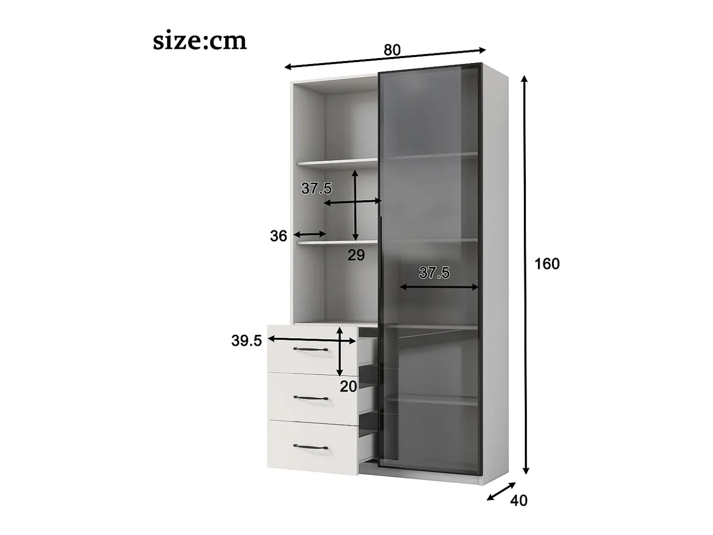 Vitrina 80×40×160 cm - con 1 puerta de vidrio templado y 3 cajones - con iluminación LED - 3 estantes abiertos - blanco