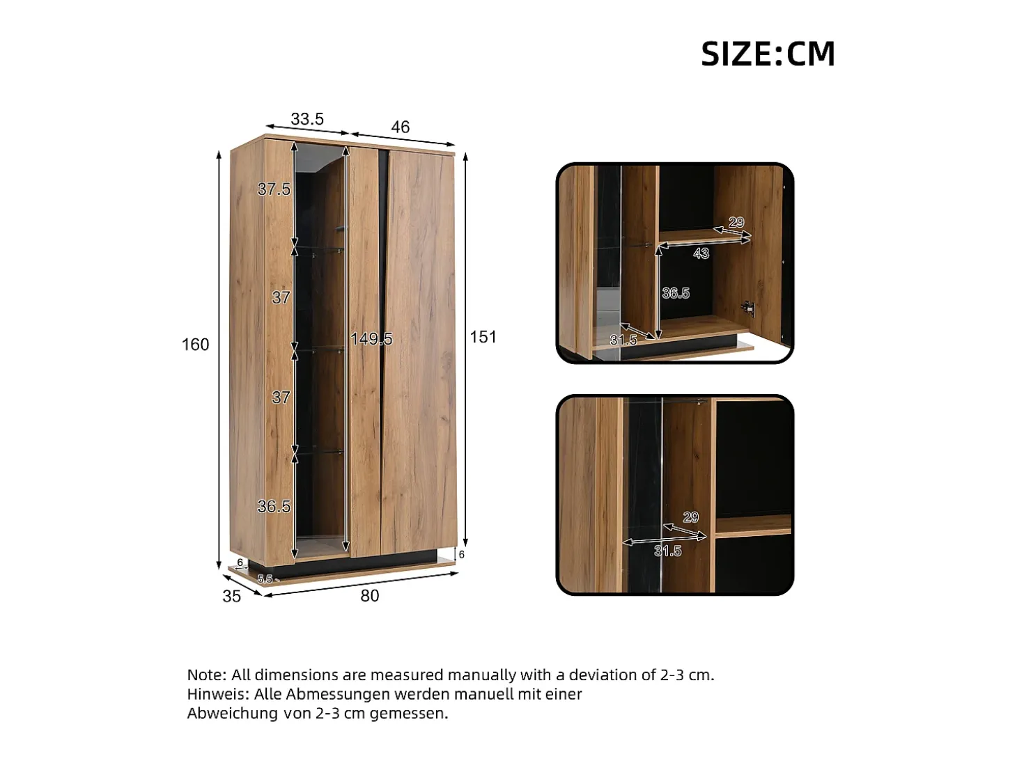 Vitrina 80×35×160 cm - con 2 puertas - iluminación LED - puertas de acrílico - paneles de partículas - natural