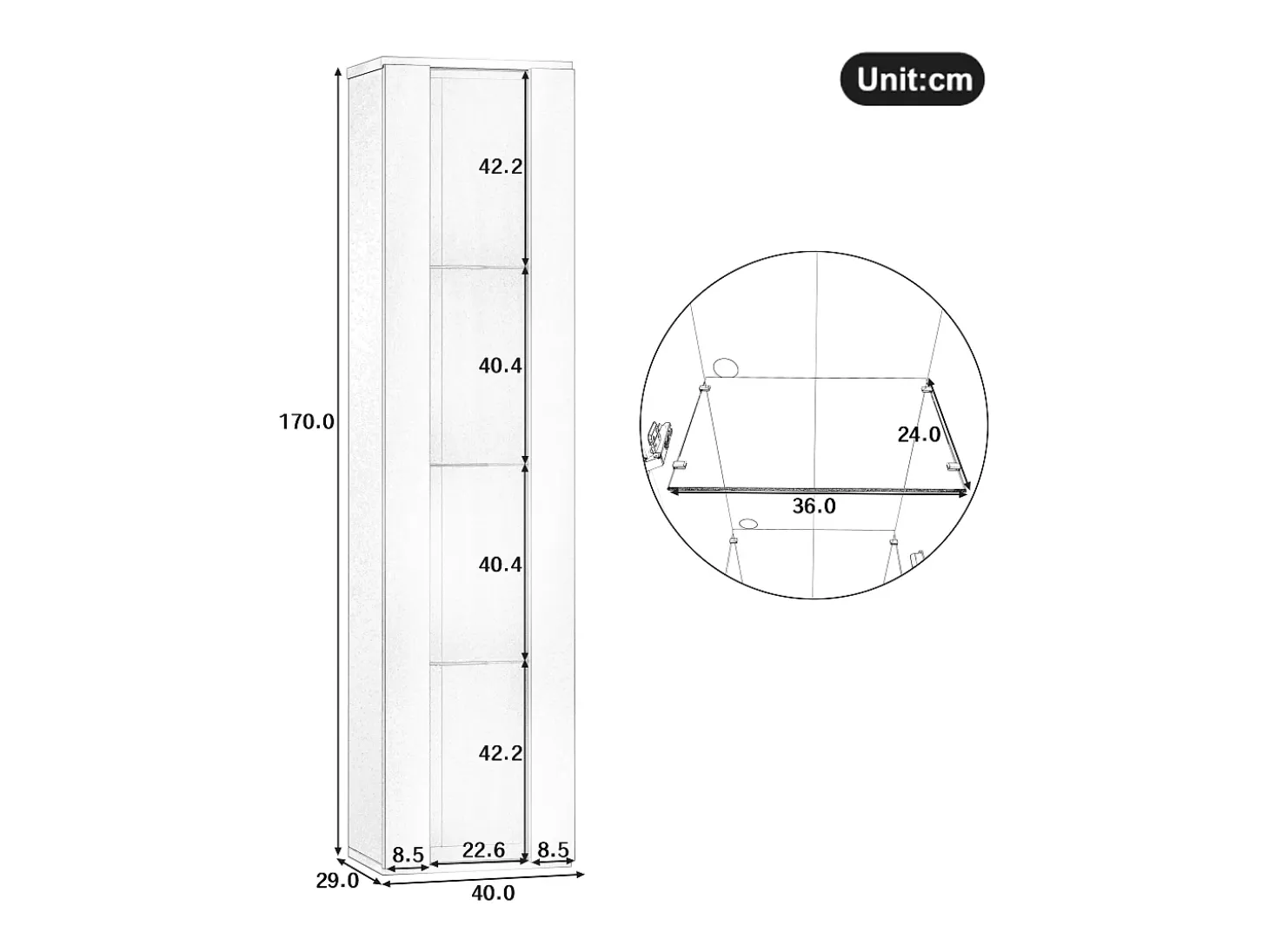 Vitrina 40×29×170 cm - iluminación LED multicolor con mando - divisiones de cristal - blanco