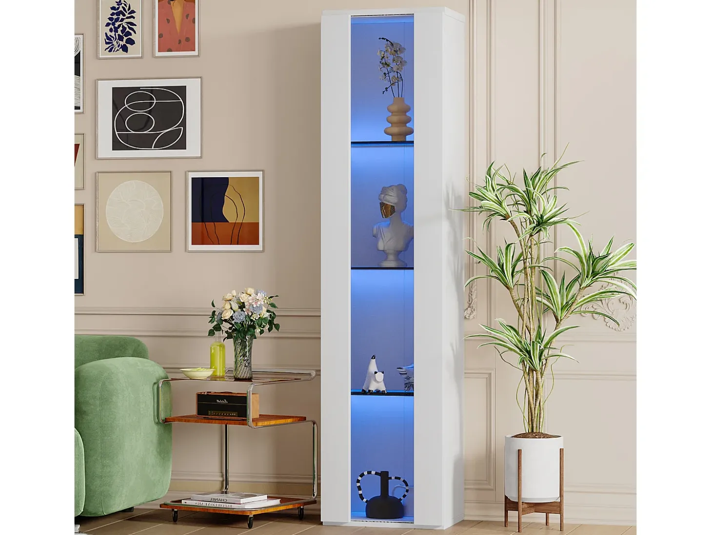 Vitrina 40×29×170 cm - iluminación LED multicolor con mando - divisiones de cristal - blanco