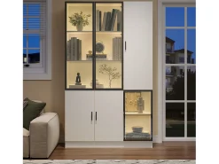 Vitrina 120×35×200 cm - puertas acristaladas - 6 puertas - con iluminación LED - paneles de partículas + vidrio templado - blanco