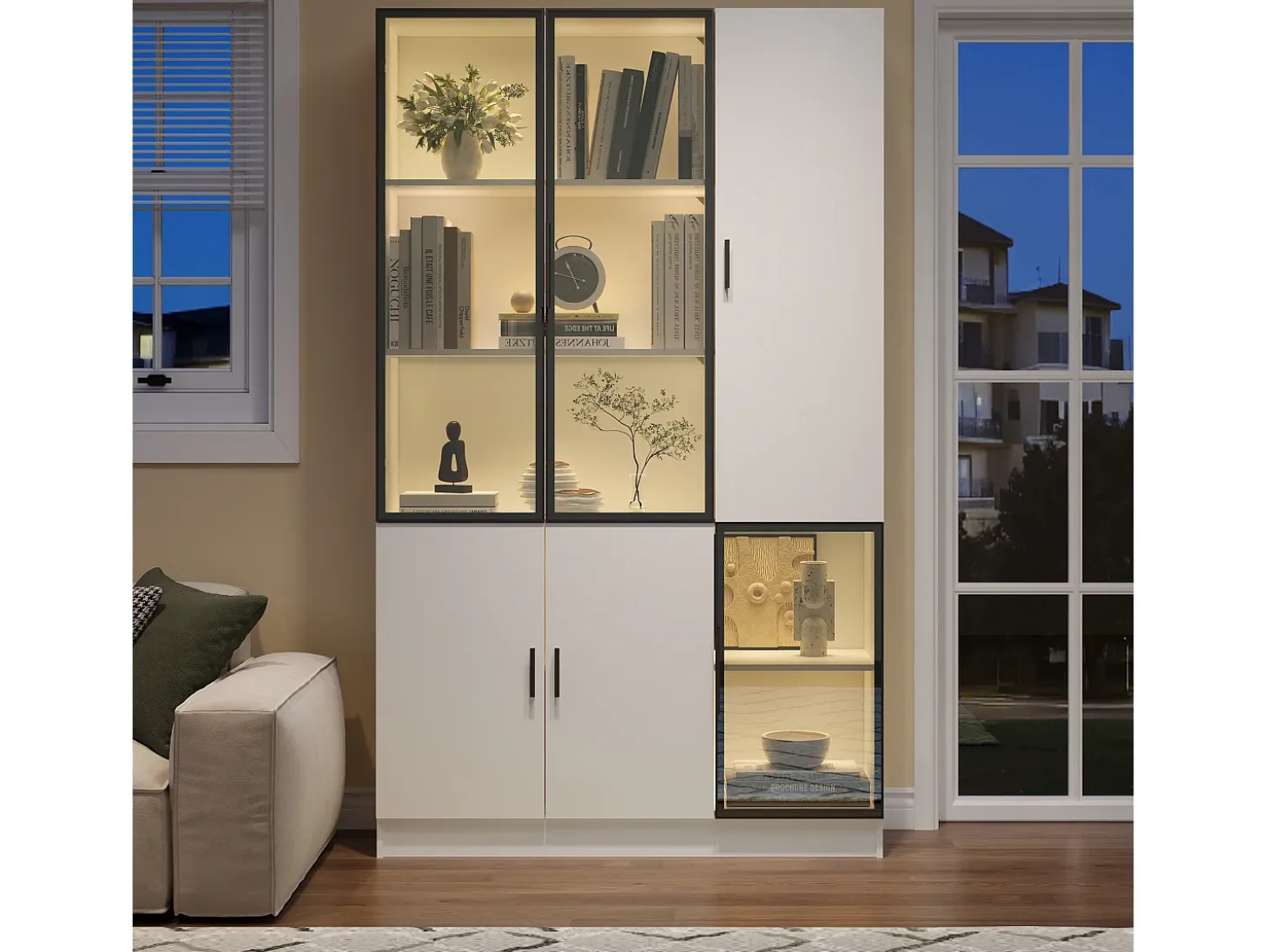 Vitrina 120×35×200 cm - puertas acristaladas - 6 puertas - con iluminación LED - paneles de partículas + vidrio templado - blanco