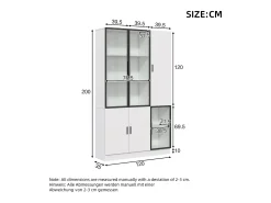 Vitrina 120×35×200 cm - puertas acristaladas - 6 puertas - con iluminación LED - paneles de partículas + vidrio templado - blanco