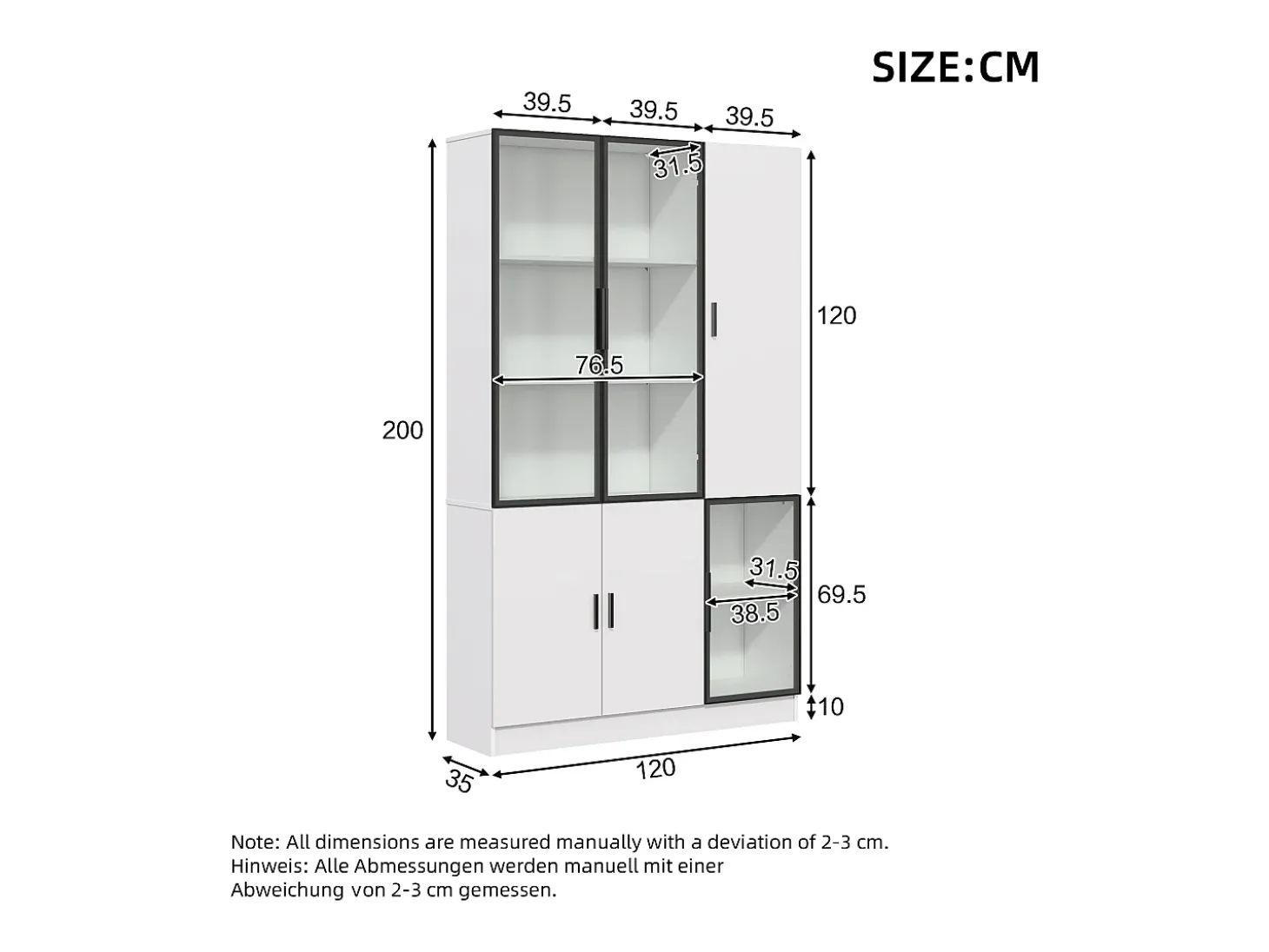 Vitrina 120×35×200 cm - puertas acristaladas - 6 puertas - con iluminación LED - paneles de partículas + vidrio templado - blanco