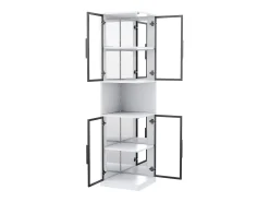 Vitrina 205 cm de altura - Iluminación LED - 4 puertas de vidrio - Fondo espejo - Almacenamiento abierto - Paneles de partículas - Blanco