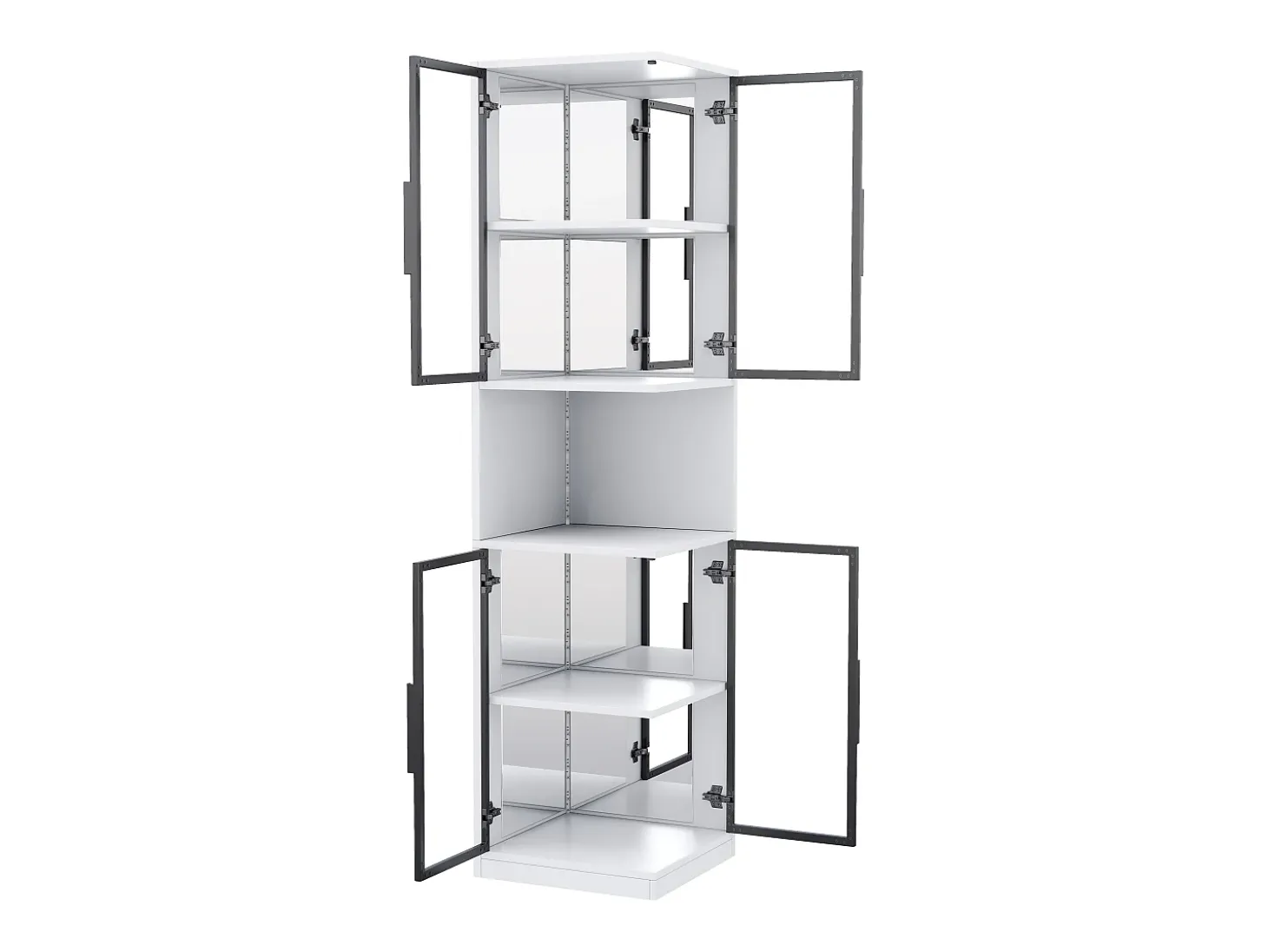 Vitrina 205 cm de altura - Iluminación LED - 4 puertas de vidrio - Fondo espejo - Almacenamiento abierto - Paneles de partículas - Blanco