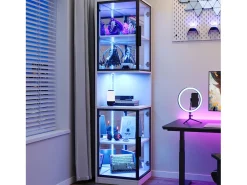 Vitrina 205 cm de altura - Iluminación LED - 4 puertas de vidrio - Fondo espejo - Almacenamiento abierto - Paneles de partículas - Blanco