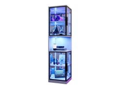 Vitrina 205 cm de altura - Iluminación LED - 4 puertas de vidrio - Fondo espejo - Almacenamiento abierto - Paneles de partículas - Blanco
