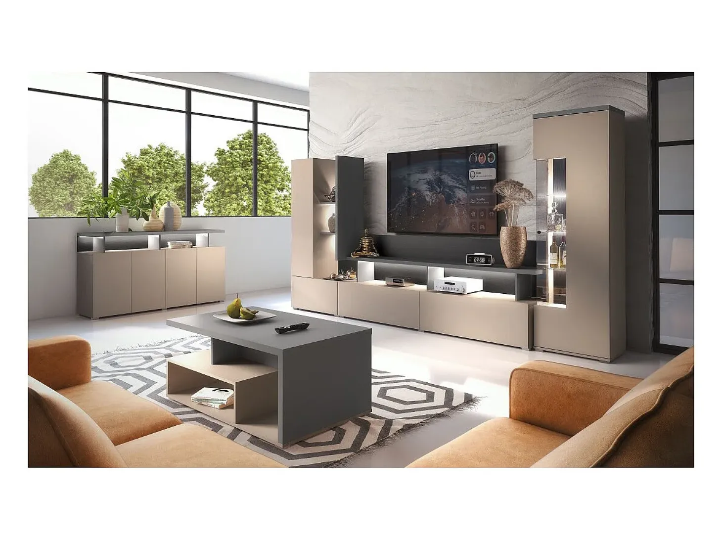 Vitrina 1 puerta colección NESS – Acabado Congo & Antracita – 10 nichos de almacenamiento – Sin LED