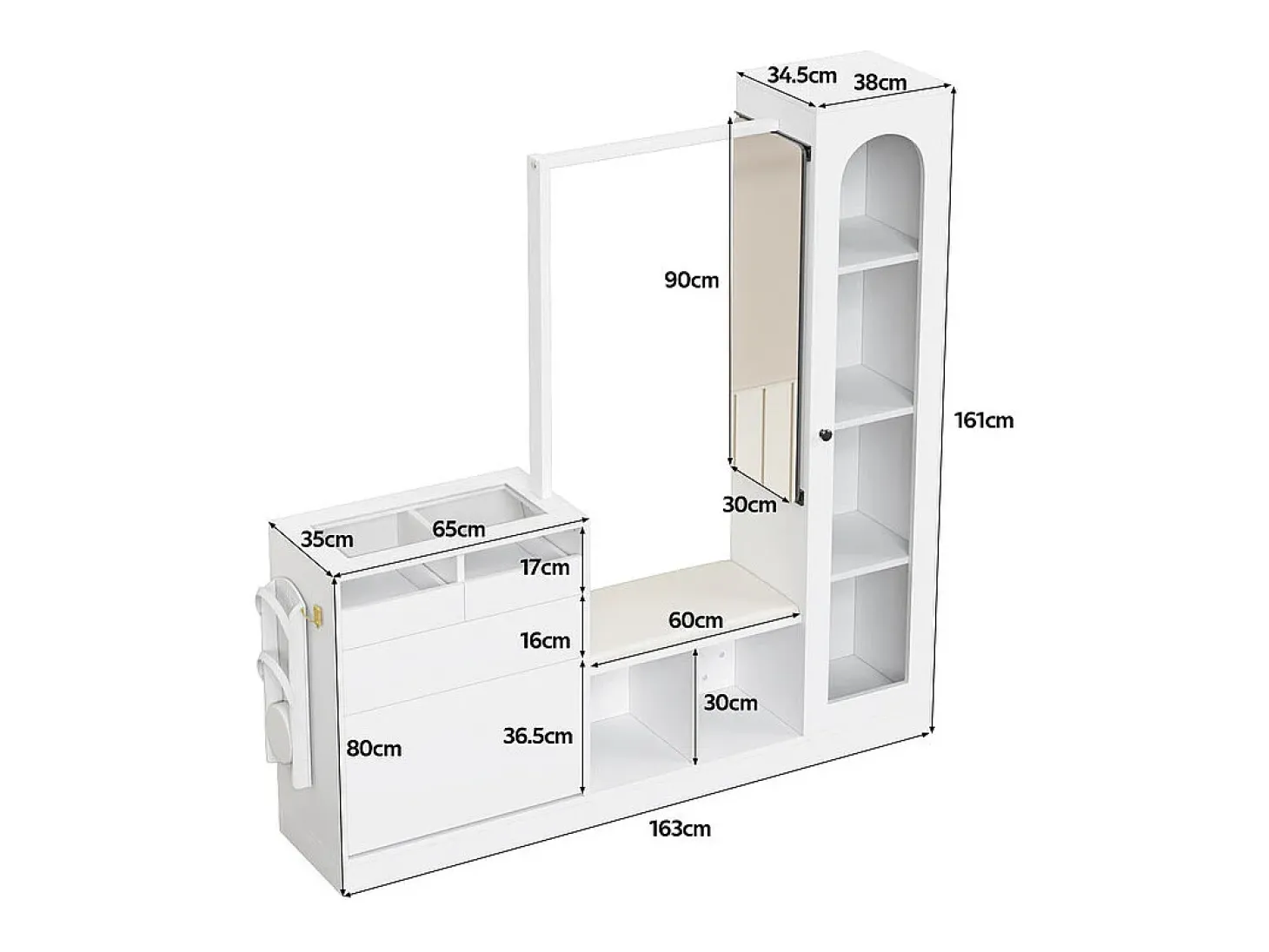 Vitrina 1 puerta de vidrio 6 en 1 - con LED, Espejo, mueble de zapatos abatibles, tocador, 2 cajones - 163x35x161cm