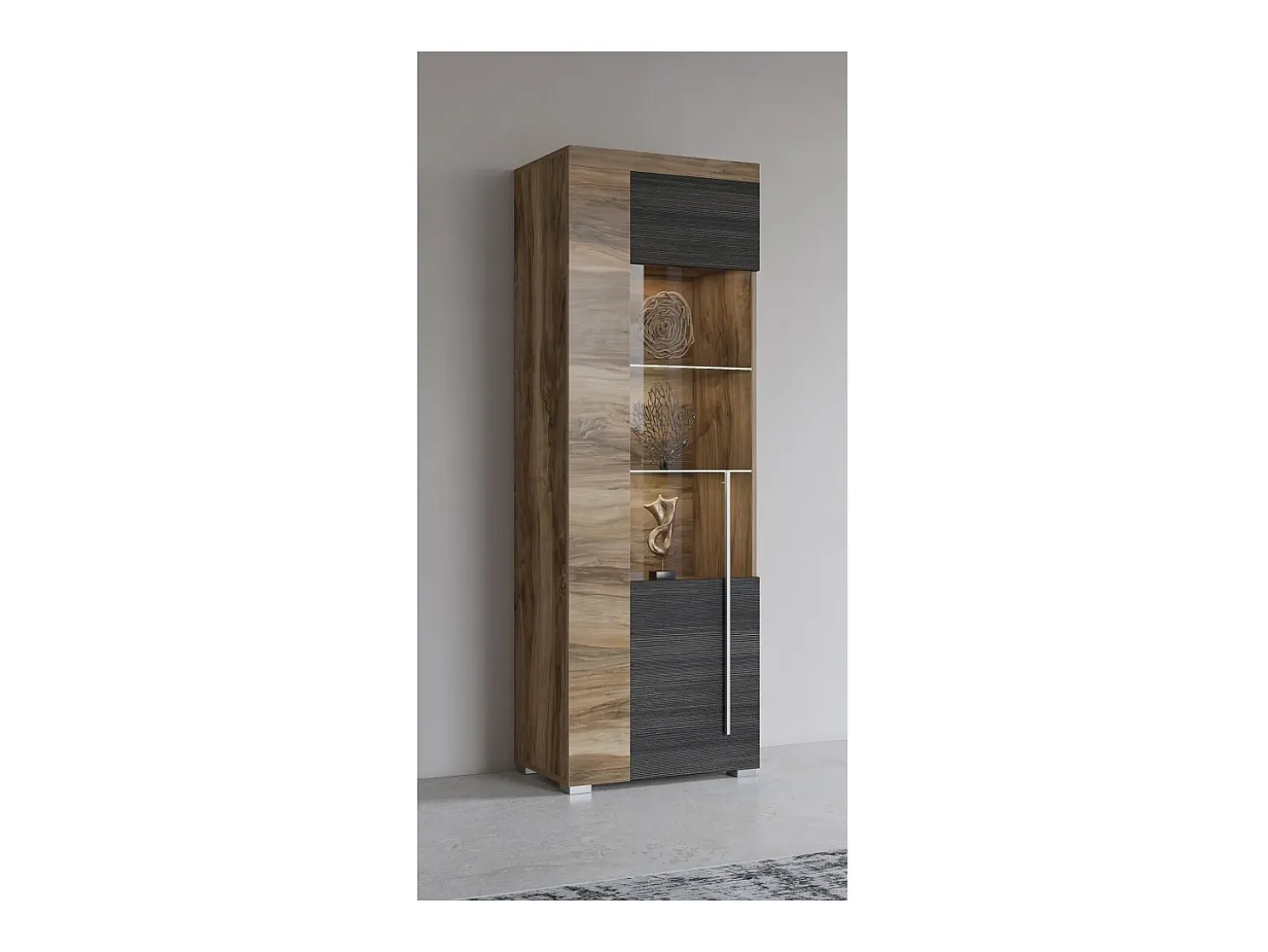 Vitrina 1 puerta izquierda BRAZZA – Apertura derecha – 5 nichos – Frente acristalado nogal satinado