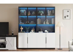 Vitrina 8 puertas - 160 x 30 x 200 cm - LEDs - Tablero de partículas y cristal - Blanco