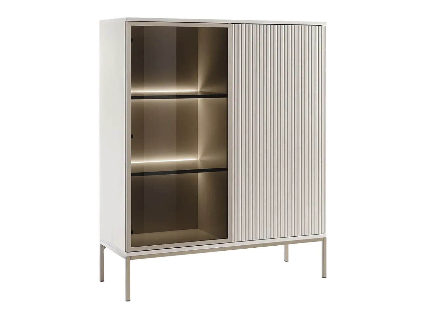 Vitrina 2 puertas con luces LED en MDF y vidrio ahumado - Beige y negro - OVILA