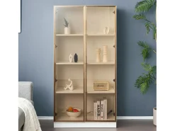 Vitrina 2 puertas de cristal, aparador alto - LED - 80 x 40 x 160 cm - Tablero de partículas - Blanco