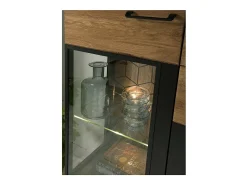 Vitrina 3 puertas en madera de roble miel y acero negro Mazora 107 cm