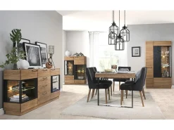 Vitrina 3 puertas en madera de roble miel y acero negro Mazora 107 cm