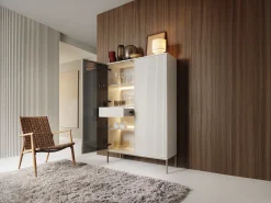 Vitrina 2 puertas y 1 cajón con LEDs de MDF y vidrio ahumado - Beige y negro - OVILA