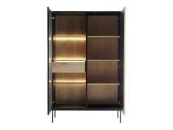 Vitrina 2 puertas y 1 cajón con luces LED en MDF y vidrio ahumado - Negro y Natural - OVILA