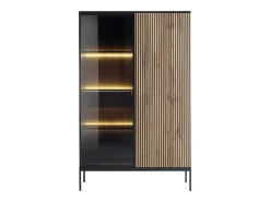 Vitrina 2 puertas y 1 cajón con luces LED en MDF y vidrio ahumado - Negro y Natural - OVILA