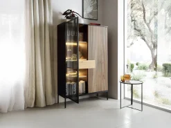 Vitrina 2 puertas y 1 cajón con luces LED en MDF y vidrio ahumado - Negro y Natural - OVILA