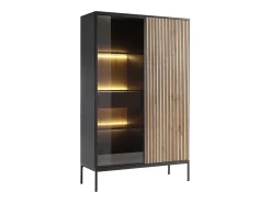 Vitrina 2 puertas y 1 cajón con luces LED en MDF y vidrio ahumado - Negro y Natural - OVILA