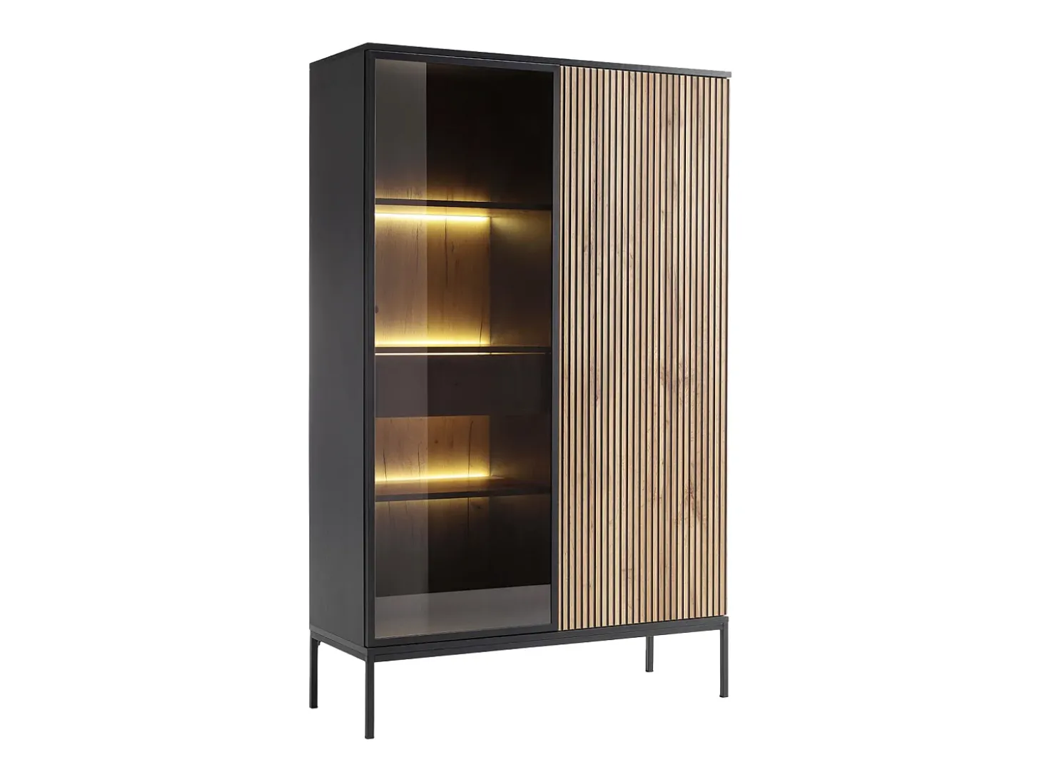 Vitrina 2 puertas y 1 cajón con luces LED en MDF y vidrio ahumado - Negro y Natural - OVILA