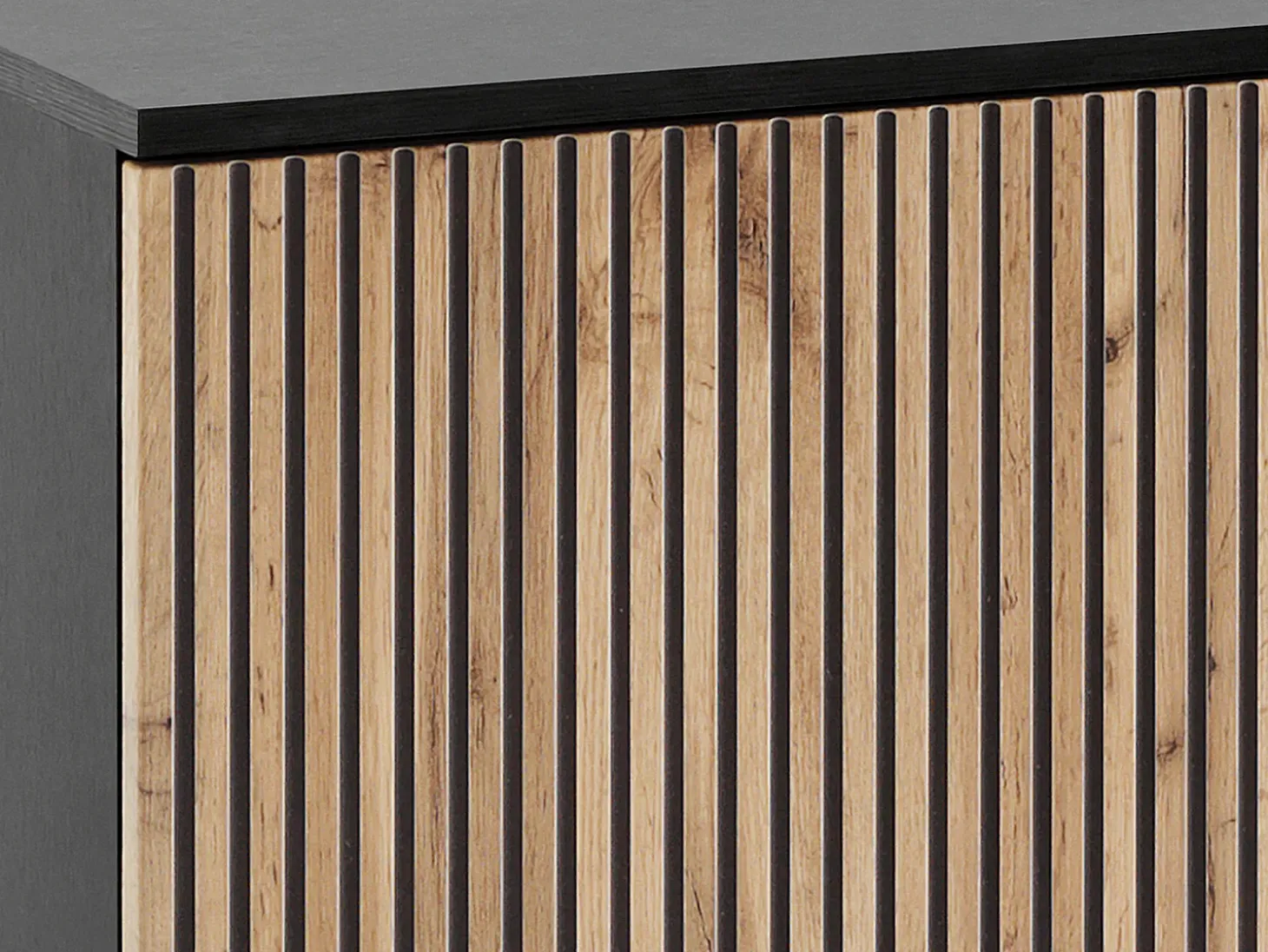 Vitrina 2 puertas y 1 cajón con luces LED en MDF y vidrio ahumado - Negro y Natural - OVILA