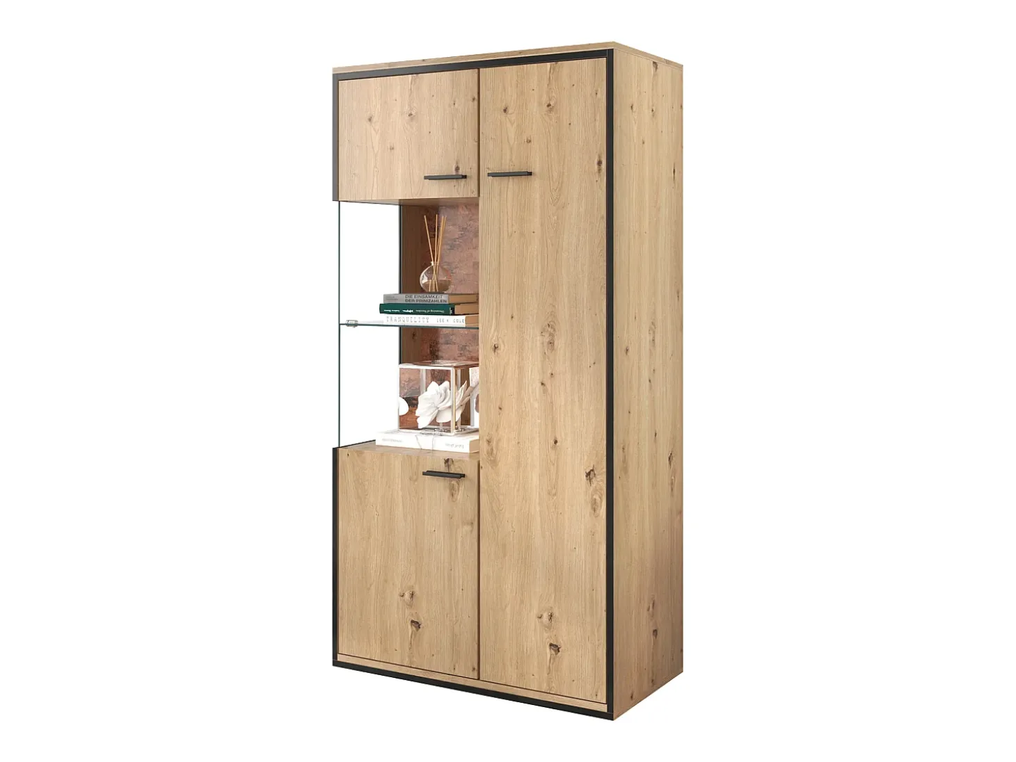 Vitrina Al. 160 cm con LED - 3 puertas y 8 compartimentos - Natural