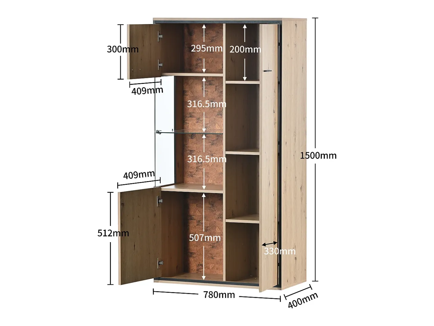 Vitrina Al. 160 cm con LED - 3 puertas y 8 compartimentos - Natural