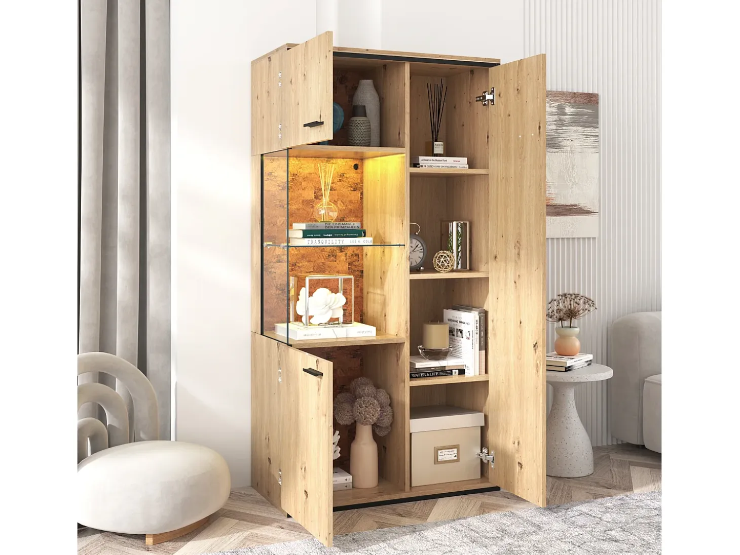 Vitrina Al. 160 cm con LED - 3 puertas y 8 compartimentos - Natural