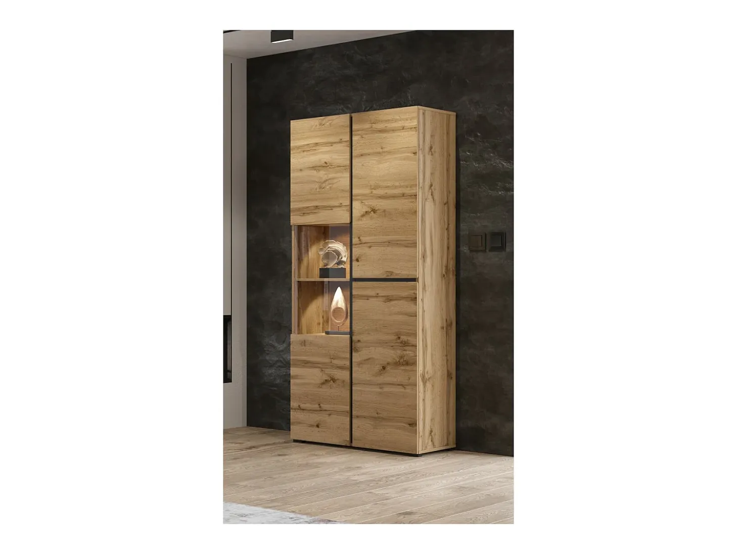 Vitrina alta 2 puertas colección HAVANA con LED integrado. Color roble y negro.