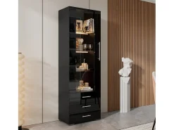 Vitrina alta con 3 cajones y 1 puerta acrílica, cuerpo de MDF lacado en negro, LED incluido - 60x35x180cm