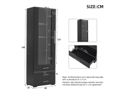 Vitrina alta con 3 cajones y 1 puerta acrílica, cuerpo de MDF lacado en negro, LED incluido - 60x35x180cm