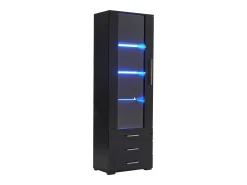 Vitrina alta con 3 cajones y 1 puerta acrílica, cuerpo de MDF lacado en negro, LED incluido - 60x35x180cm