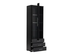Vitrina alta con 3 cajones y 1 puerta acrílica, cuerpo de MDF lacado en negro, LED incluido - 60x35x180cm