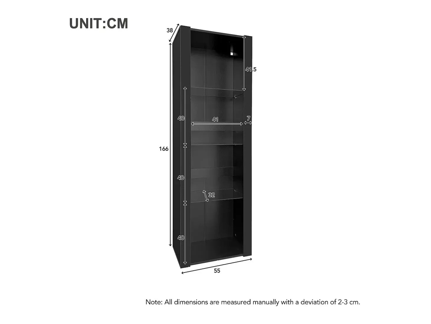 Vitrina alta con 3 estantes de cristal, cuerpo de MDF lacado en negro, LED incluido - 55x38x166cm