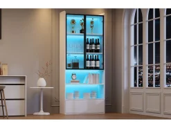 Vitrina alta de cristal - 80 x 34 x 180 cm - con 1 cajón + puertas de cristal + LEDs + estante abierto - MDF + cristal - blanco