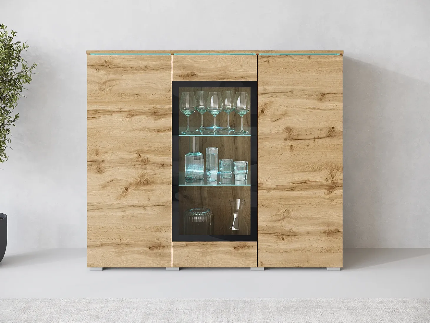Vitrina alta moderna 120 cm para salón 3 puertas roble wotan mate