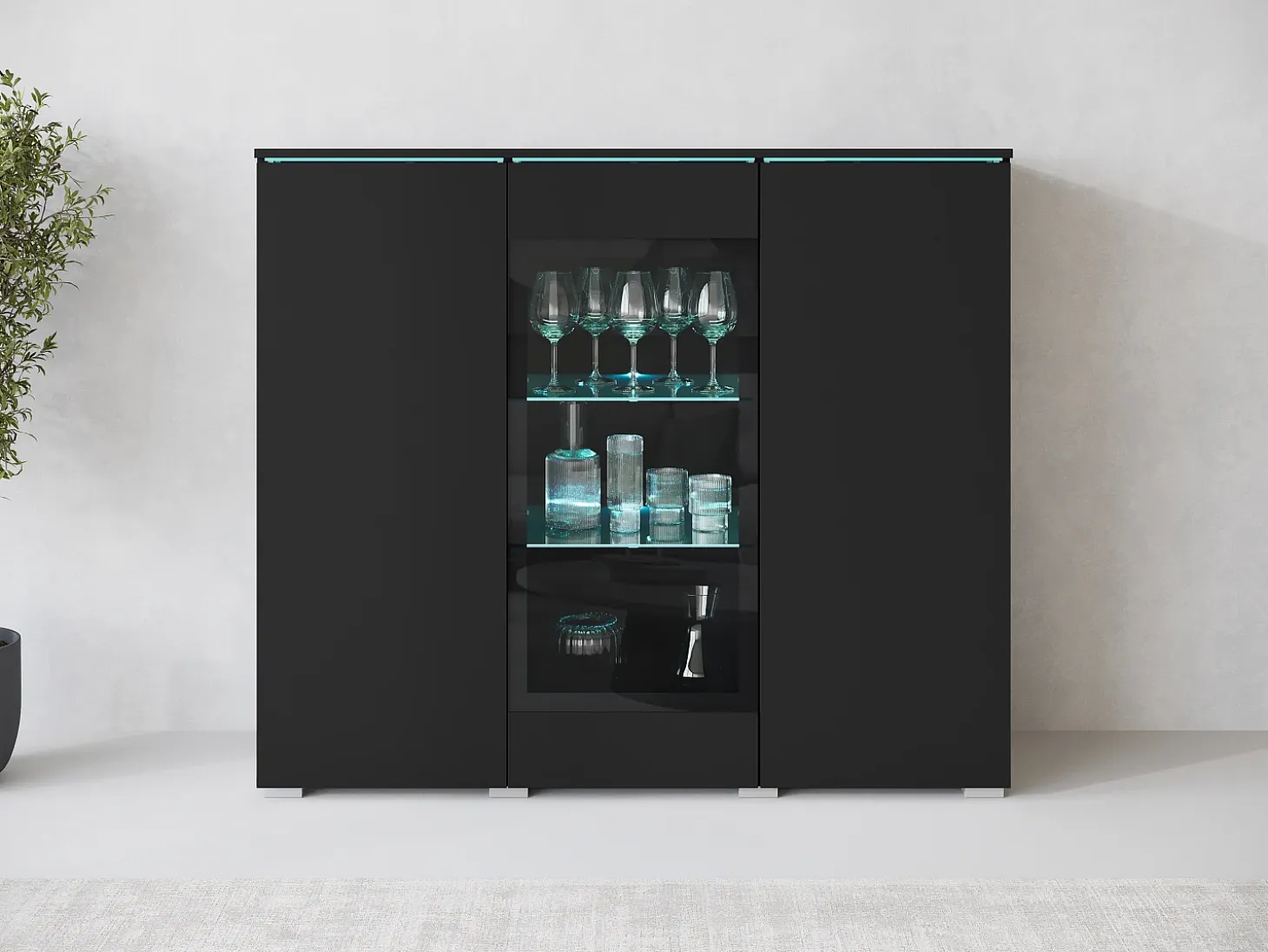 Vitrina alta moderna 120 cm para salón 3 puertas grafito negro mate