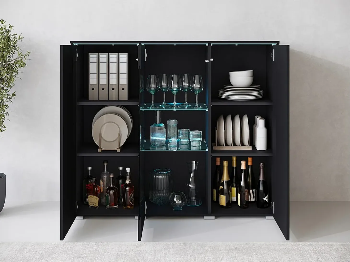 Vitrina alta moderna 120 cm para salón 3 puertas grafito negro mate