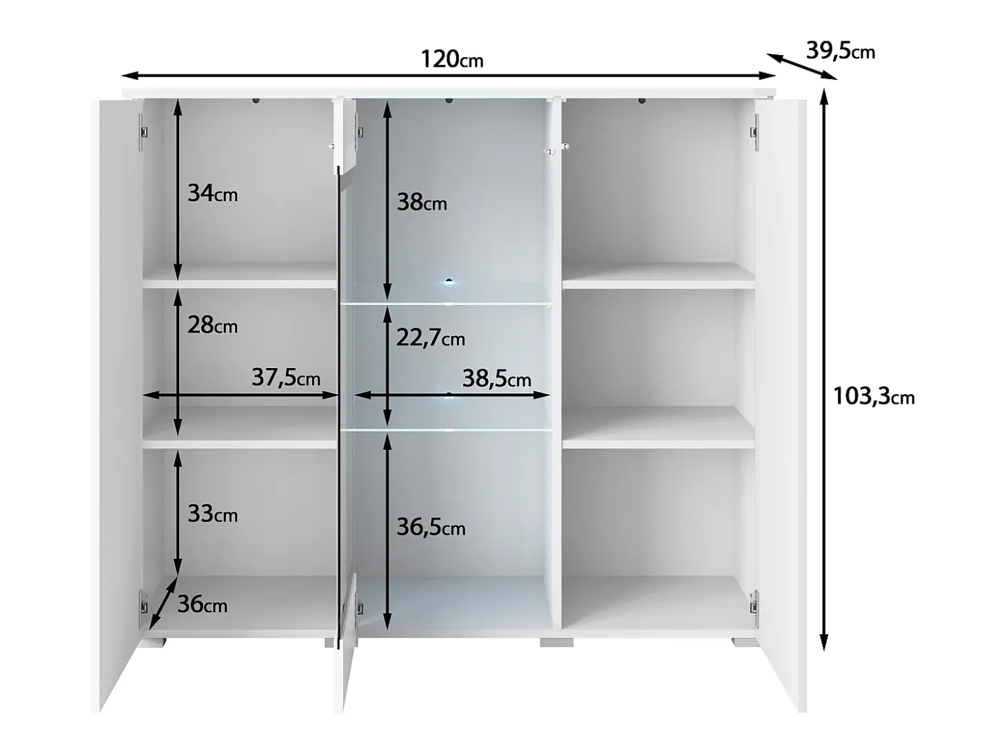 Vitrina alta moderna 120 cm para salón 3 puertas cuerpo blanco mate y frentes blanco brillo