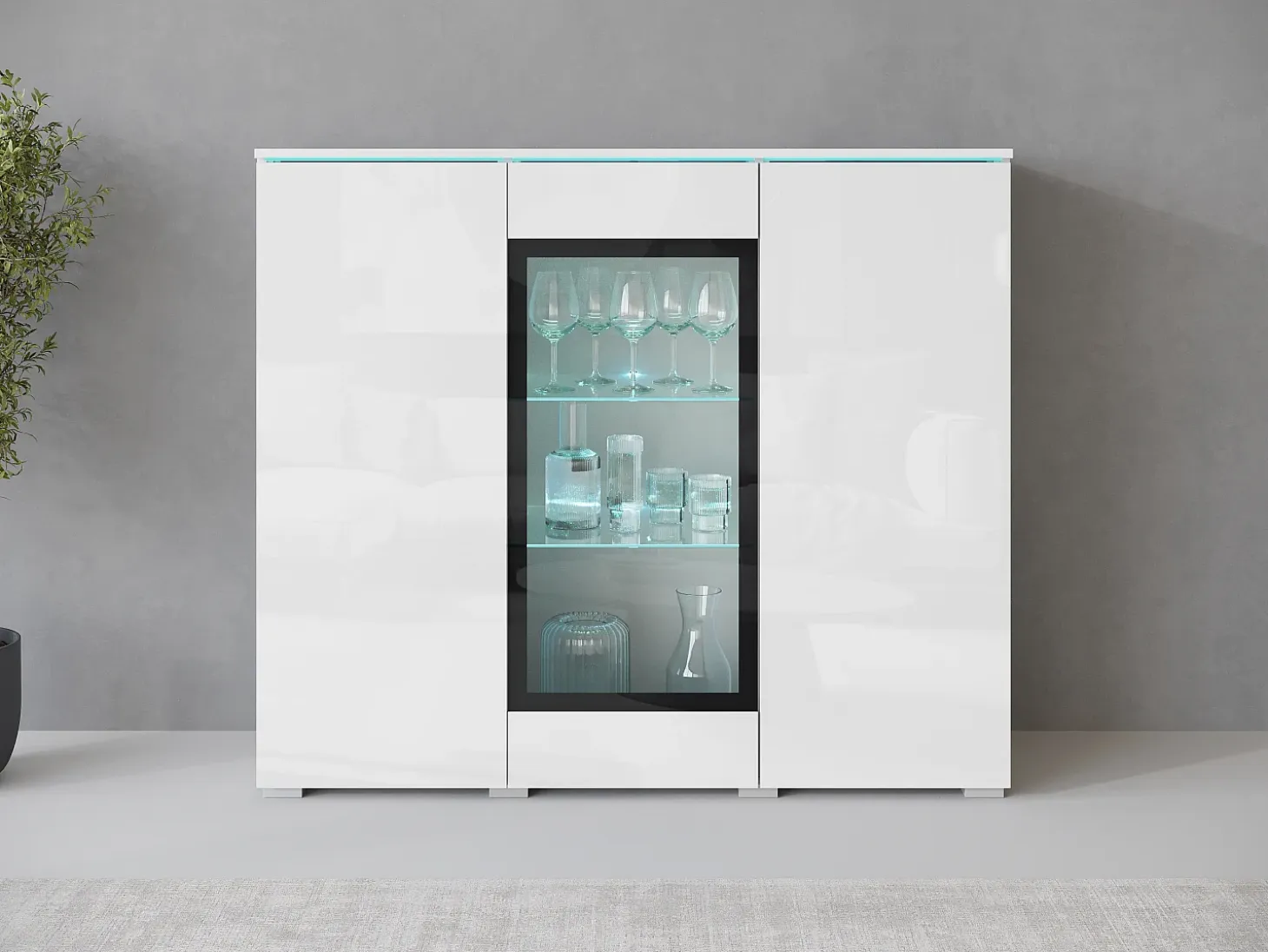 Vitrina alta moderna 120 cm para salón 3 puertas cuerpo blanco mate y frentes blanco brillo