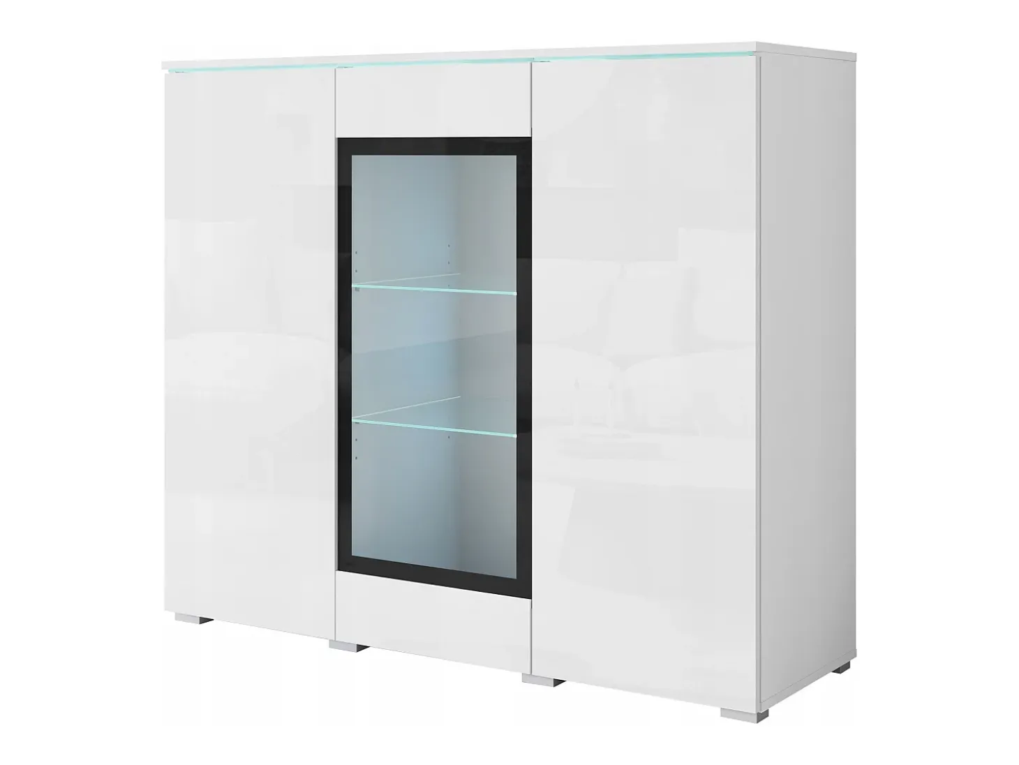 Vitrina alta moderna 120 cm para salón 3 puertas cuerpo blanco mate y frentes blanco brillo