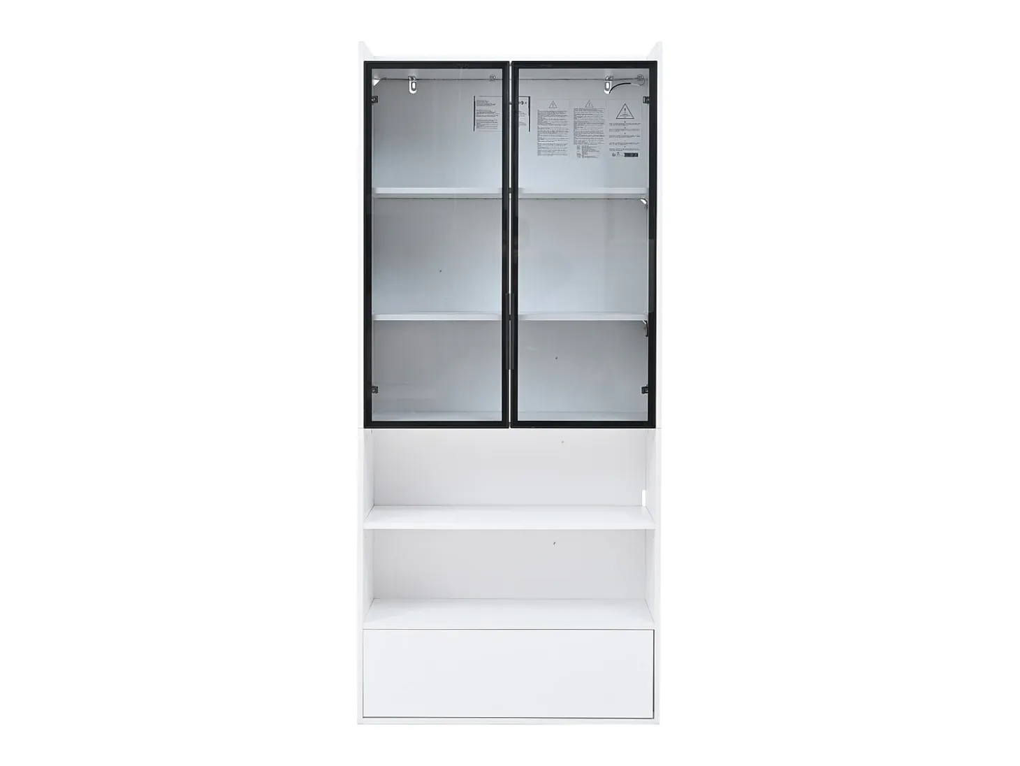Vitrina alta 80x34x180 cm blanca con cajón, puertas de cristal e iluminación LED