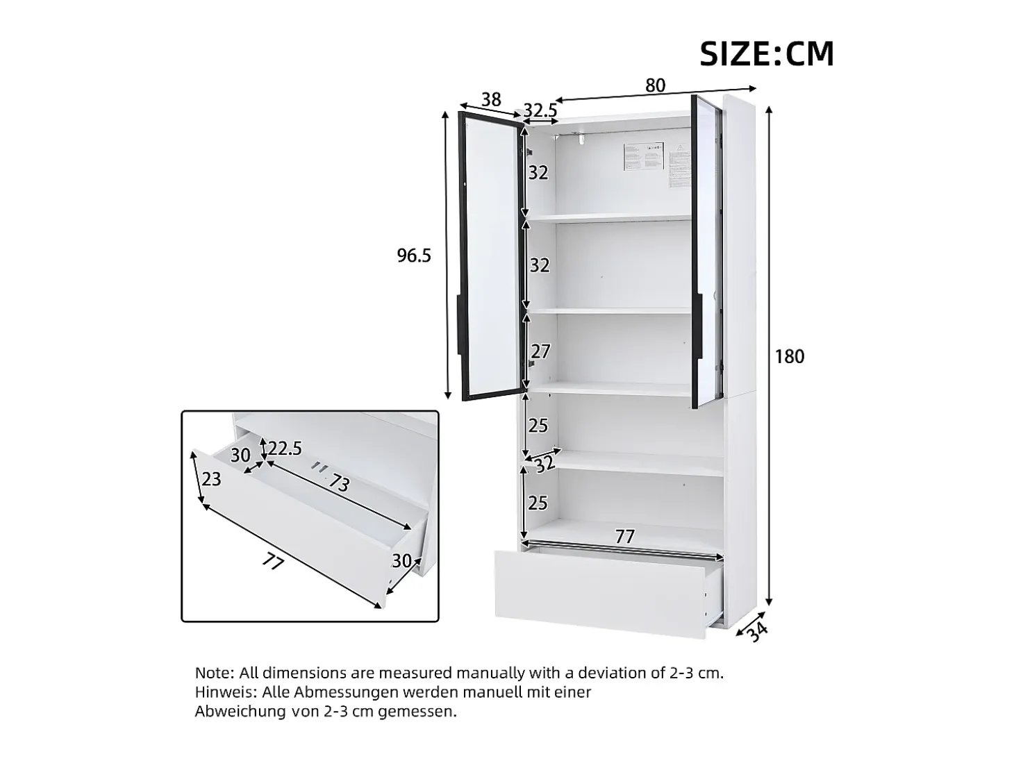Vitrina alta 80x34x180 cm blanca con cajón, puertas de cristal e iluminación LED