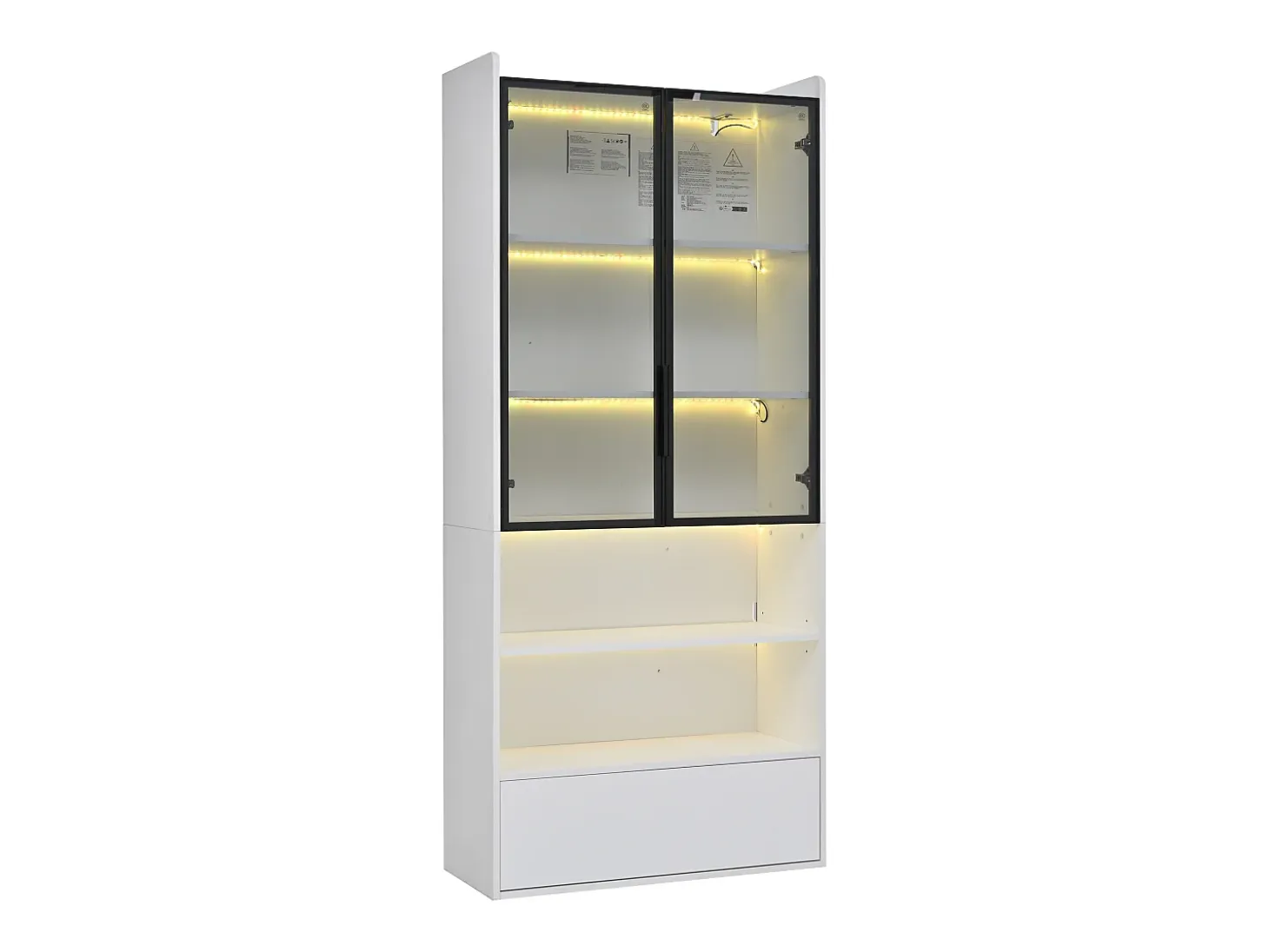 Vitrina alta 80x34x180 cm blanca con cajón, puertas de cristal e iluminación LED