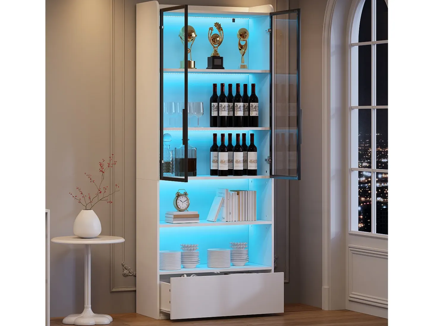 Vitrina alta 80x34x180 cm blanca con cajón, puertas de cristal e iluminación LED